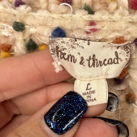 Chunky Knit Sweater Womens Size L Cream Colorful Dot Crop Chenille Knit Pullover - Picture 6 of 7